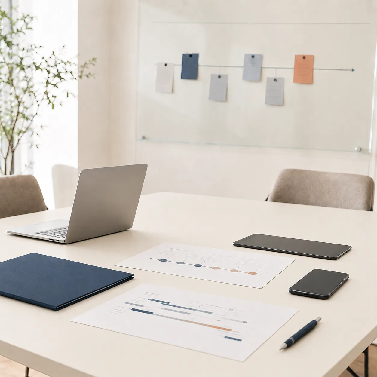 Ausgedruckter Customer-Lifecycle-Fahrplan mit Meilensteinen, an eine Glaswand gepinnt