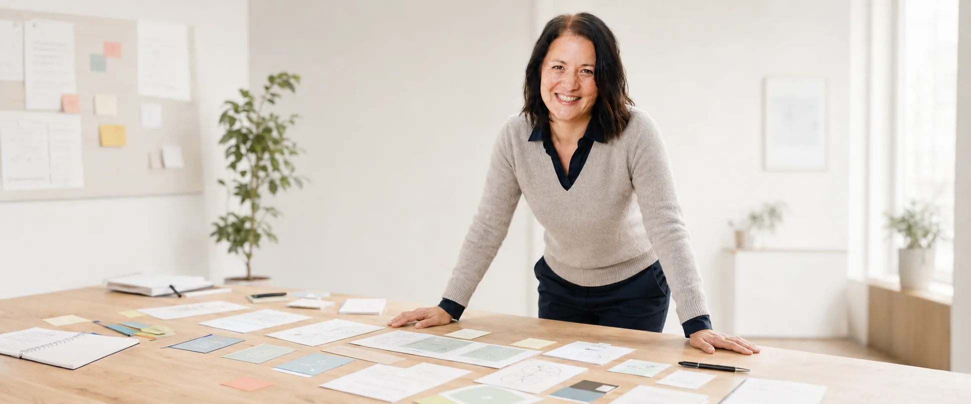 Alexandra Connor bei einem Workshop, Karten mit priorisierten Customer-Lifecycle-Cases liegen auf dem Tisch